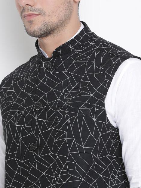 Vastramay Men's White Cotton Blend Kurta, Ethnic Jacket and Pyjama Set