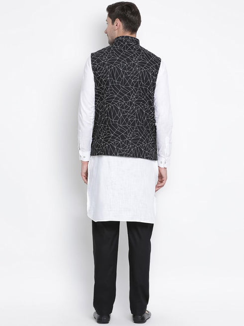Vastramay Men's White Cotton Blend Kurta, Ethnic Jacket and Pyjama Set