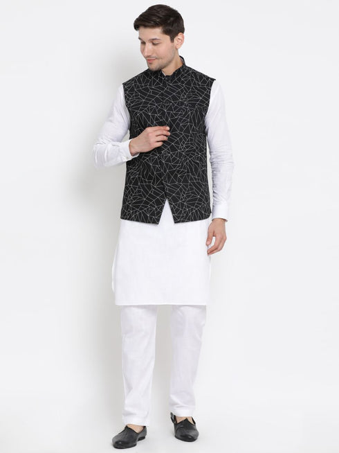 Vastramay Men's White Cotton Blend Kurta, Ethnic Jacket and Pyjama Set