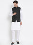 Vastramay Men's White Cotton Blend Kurta, Ethnic Jacket and Pyjama Set