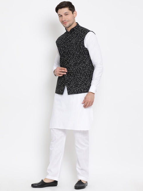 Vastramay Men's White Cotton Blend Kurta, Ethnic Jacket and Pyjama Set