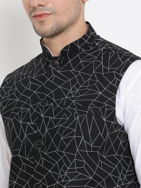 Vastramay Men's White Cotton Blend Kurta, Ethnic Jacket and Pyjama Set