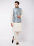 Vastramay Men's Viscose Cream Kurta And Pyjama With Grey Woven Nehru Jacket