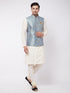 Vastramay Men's Viscose Cream Kurta And Pyjama With Grey Woven Nehru Jacket