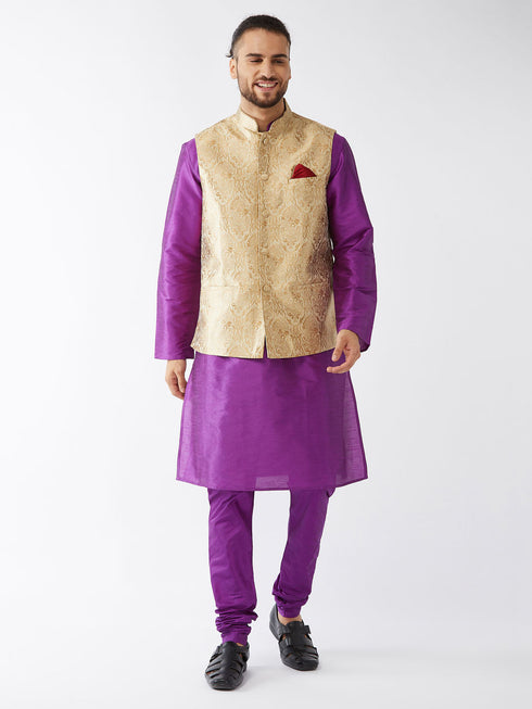 Vastramay Men's Rose Gold Jacquard Jacket With Kurta Pyjama Set