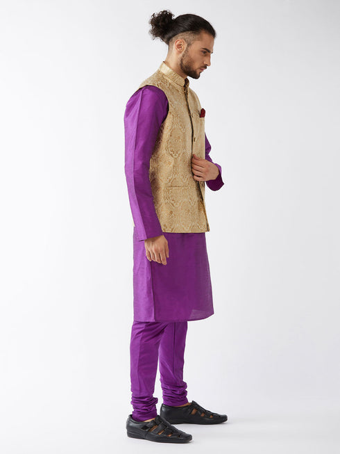 Vastramay Men's Rose Gold Jacquard Jacket With Kurta Pyjama Set