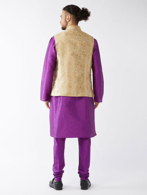 Vastramay Men's Rose Gold Jacquard Jacket With Kurta Pyjama Set