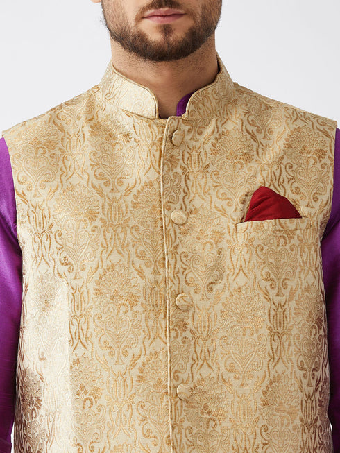 Vastramay Men's Rose Gold Jacquard Jacket With Kurta Pyjama Set