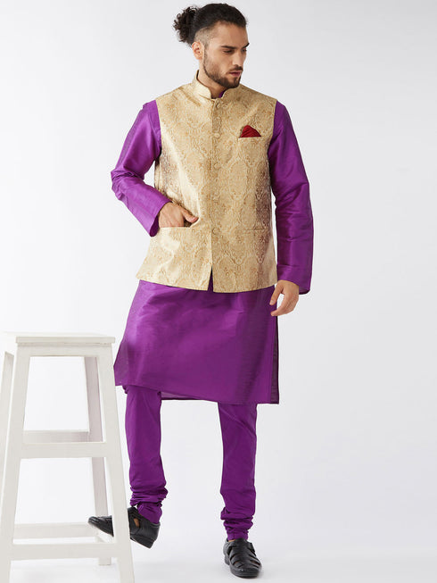 Vastramay Men's Rose Gold Jacquard Jacket With Kurta Pyjama Set