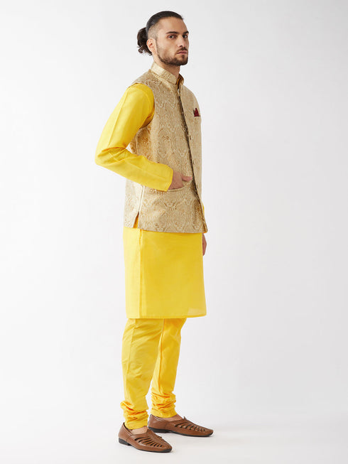 Vastramay Men's Rose Gold Jacquard Jacket With Kurta Pyjama Set
