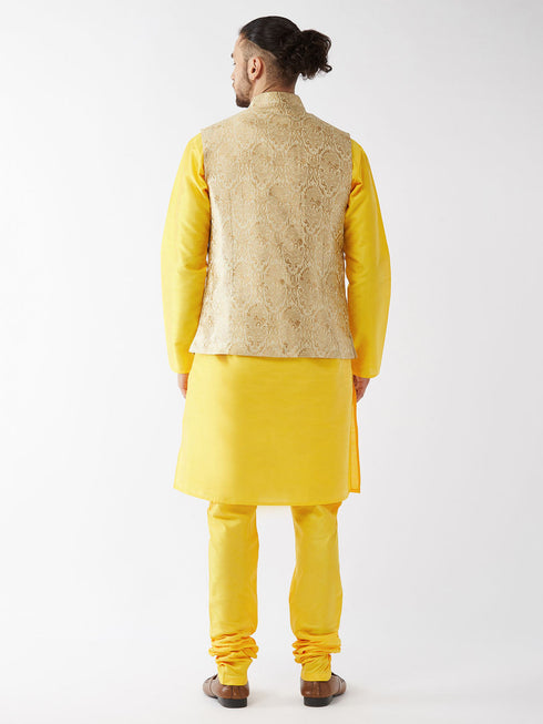 Vastramay Men's Rose Gold Jacquard Jacket With Kurta Pyjama Set