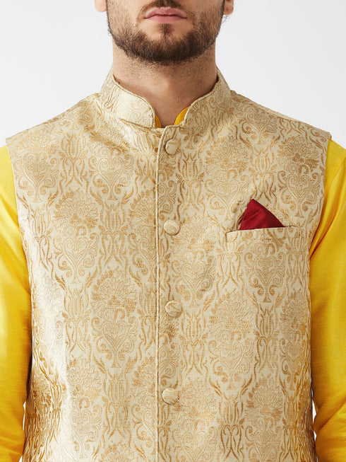 Vastramay Men's Rose Gold Jacquard Jacket With Kurta Pyjama Set