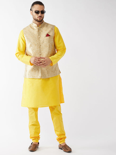 Vastramay Men's Rose Gold Jacquard Jacket With Kurta Pyjama Set