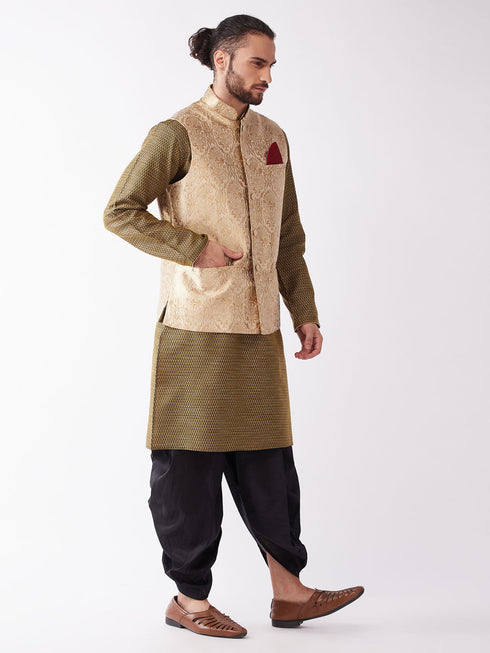 Vastramay Men's Rose Gold Jacquard Jacket With Kurta Dhoti Set