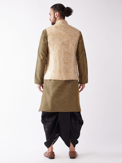 Vastramay Men's Rose Gold Jacquard Jacket With Kurta Dhoti Set