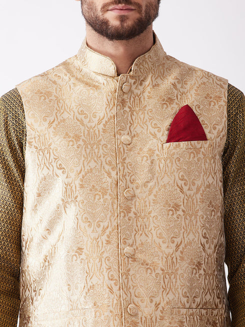 Vastramay Men's Rose Gold Jacquard Jacket With Kurta Dhoti Set