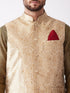 Vastramay Men's Rose Gold Jacquard Jacket With Kurta Dhoti Set