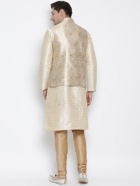 Vastramay Silk Blend Rose Gold and Gold Baap Beta Jacket Kurta Pyjama set