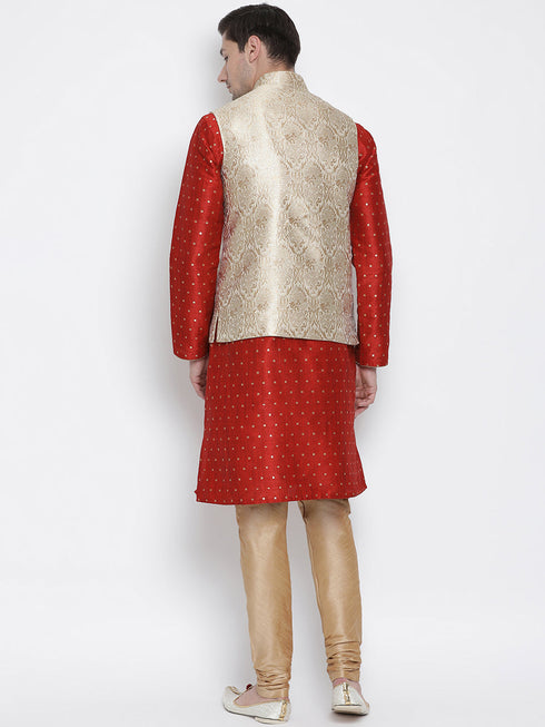 Vastramay Silk Blend Rose Gold and Maroon Baap Beta Jacket Kurta Pyjama set