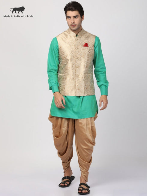 VASTRAMAY Men's Turquoise Cotton Silk Blend Ethnic Jacket, Kurta and Dhoti Pant Set