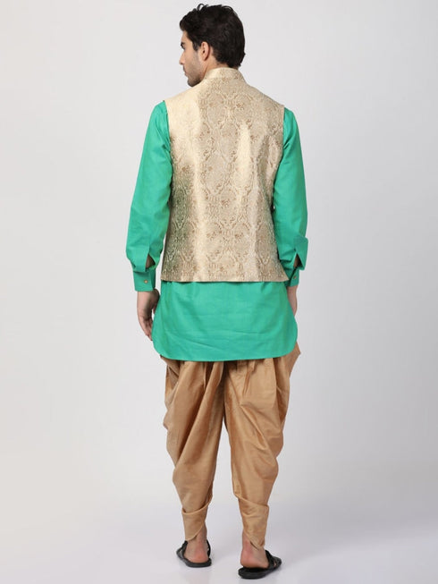 VASTRAMAY Men's Turquoise Cotton Silk Blend Ethnic Jacket, Kurta and Dhoti Pant Set