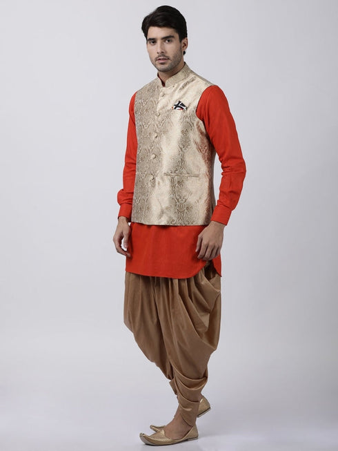 Vastramay Men's Orange Cotton Silk Blend Ethnic Jacket, Kurta and Dhoti Pant Set