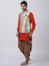 Vastramay Men's Orange Cotton Silk Blend Ethnic Jacket, Kurta and Dhoti Pant Set