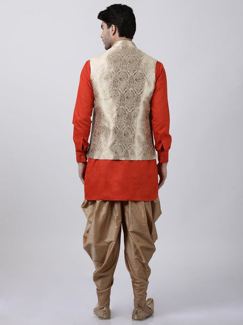 Vastramay Men's Orange Cotton Silk Blend Ethnic Jacket, Kurta and Dhoti Pant Set