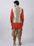Vastramay Men's Orange Cotton Silk Blend Ethnic Jacket, Kurta and Dhoti Pant Set