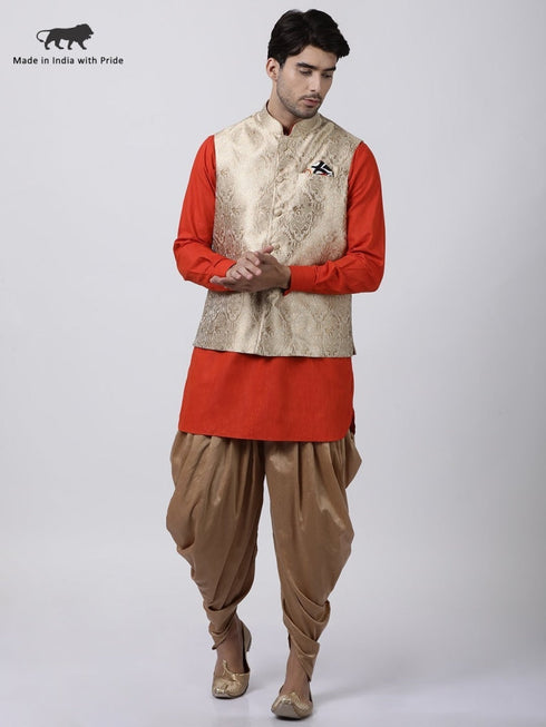 Vastramay Men's Orange Cotton Silk Blend Ethnic Jacket, Kurta and Dhoti Pant Set