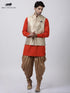 Vastramay Men's Orange Cotton Silk Blend Ethnic Jacket, Kurta and Dhoti Pant Set