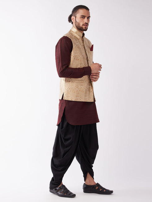 Vastramay Men's Gold Jacquard Jacket With Kurta Dhoti Set