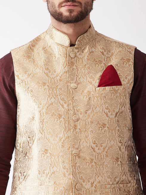 Vastramay Men's Gold Jacquard Jacket With Kurta Dhoti Set