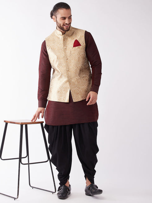 Vastramay Men's Gold Jacquard Jacket With Kurta Dhoti Set