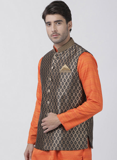 Vastramay Silk Blend Black and Gold Baap Beta Ethnic Jacket