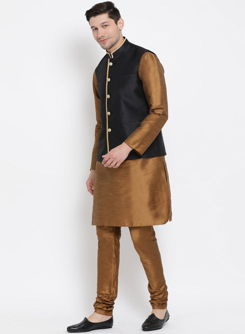 VASTRAMAY Men's Brown Cotton Silk Blend Kurta, Ethnic Jacket and Pyjama Set