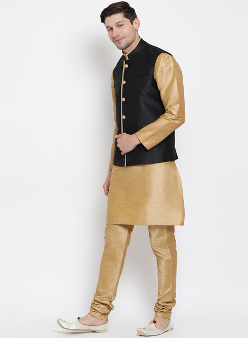 VASTRAMAY Men's Gold Cotton Silk Blend Kurta, Ethnic Jacket and Pyjama Set