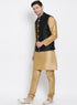 VASTRAMAY Men's Gold Cotton Silk Blend Kurta, Ethnic Jacket and Pyjama Set