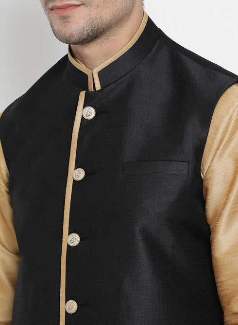 VASTRAMAY Men's Gold Cotton Silk Blend Kurta, Ethnic Jacket and Pyjama Set