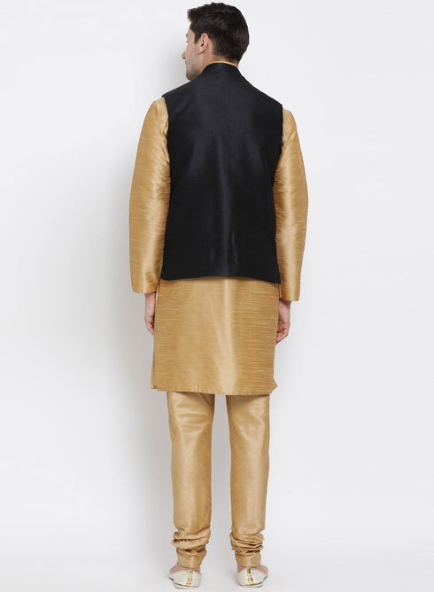 VASTRAMAY Men's Gold Cotton Silk Blend Kurta, Ethnic Jacket and Pyjama Set