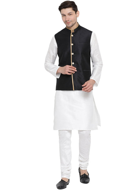 Vastramay Men's White Cotton Silk Blend Kurta, Ethnic Jacket and Pyjama Set