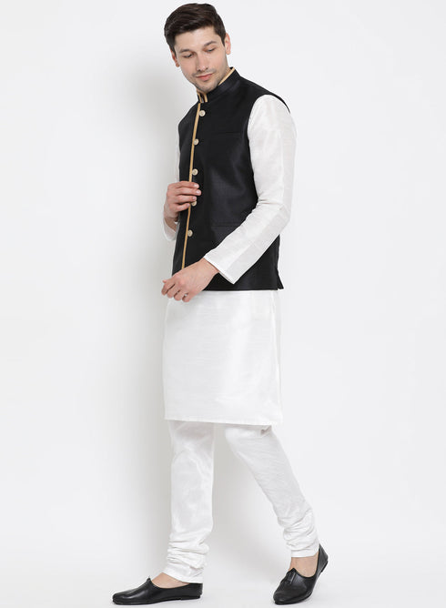 Vastramay Men's White Cotton Silk Blend Kurta, Ethnic Jacket and Pyjama Set