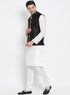 Vastramay Men's White Cotton Silk Blend Kurta, Ethnic Jacket and Pyjama Set