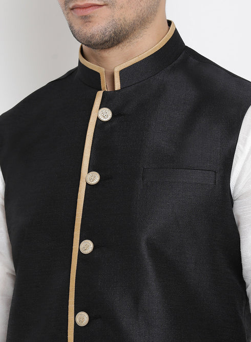 Vastramay Men's White Cotton Silk Blend Kurta, Ethnic Jacket and Pyjama Set