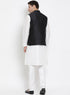 Vastramay Men's White Cotton Silk Blend Kurta, Ethnic Jacket and Pyjama Set