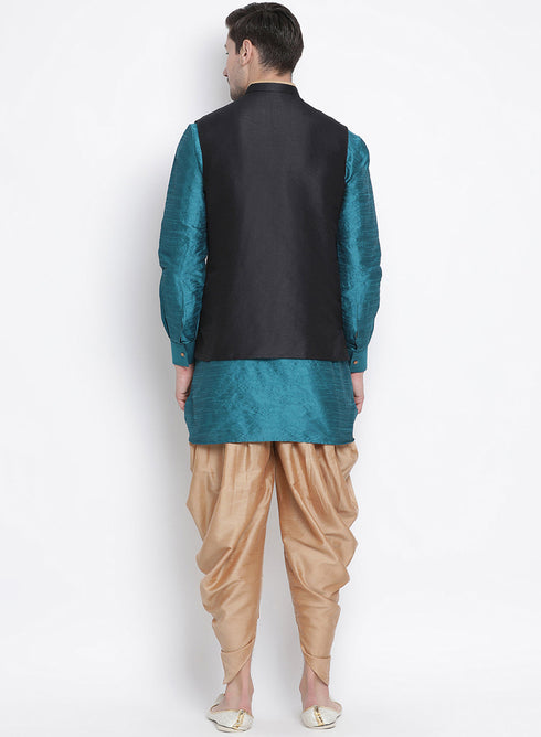 VASTRAMAY Men's Dark Green Cotton Silk Blend Ethnic Jacket, Kurta and Dhoti Pant Set