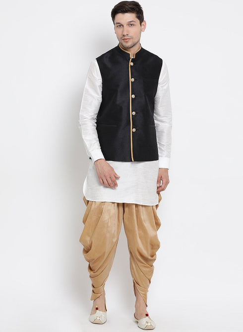 Vastramay Men's White Cotton Silk Blend Ethnic Jacket, Kurta and Dhoti Pant Set