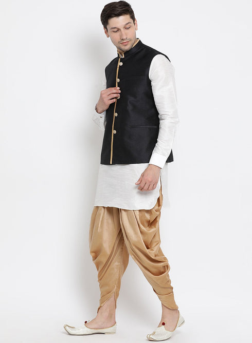 Vastramay Men's White Cotton Silk Blend Ethnic Jacket, Kurta and Dhoti Pant Set