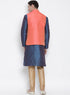 VASTRAMAY Men's Blue Cotton Silk Blend Kurta, Ethnic Jacket and Pyjama Set