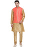 VASTRAMAY Men's Gold Cotton Silk Blend Kurta, Ethnic Jacket and Pyjama Set
